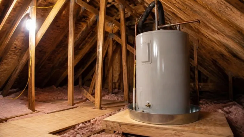 A tank water heater in a metal drain pan on an attic platform (illustrative photo)