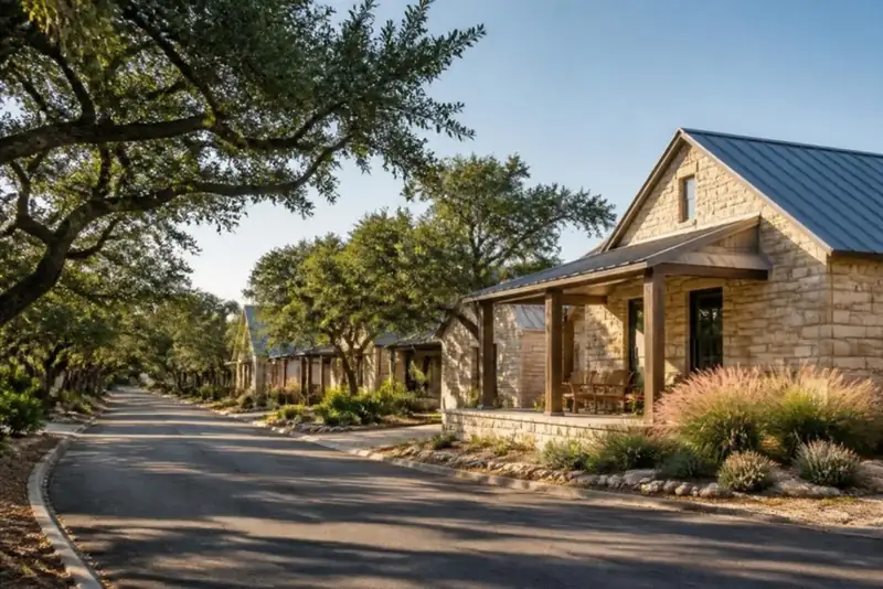 A quiet street of limestone homes under live oaks (illustrative photo)