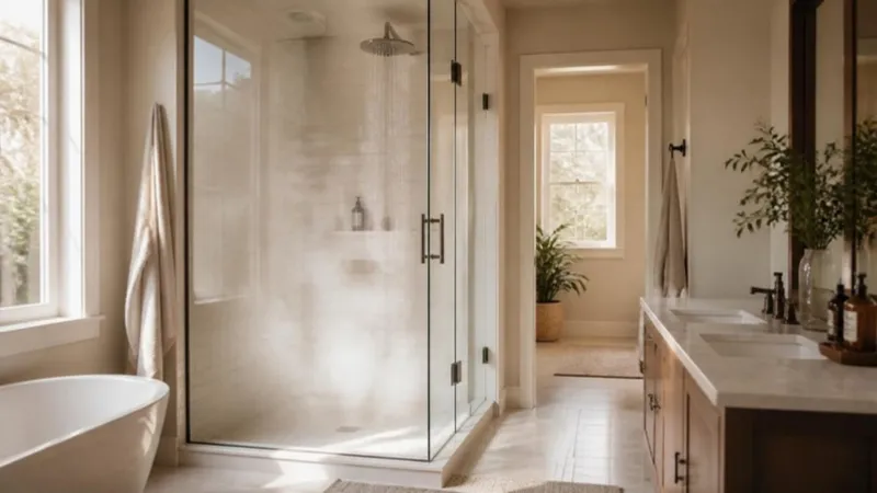Steam rising from a hot shower in a bright bathroom (illustrative photo)