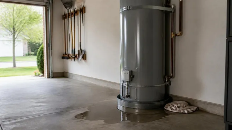 A tank water heater with a small puddle spreading across the garage floor (illustrative photo)