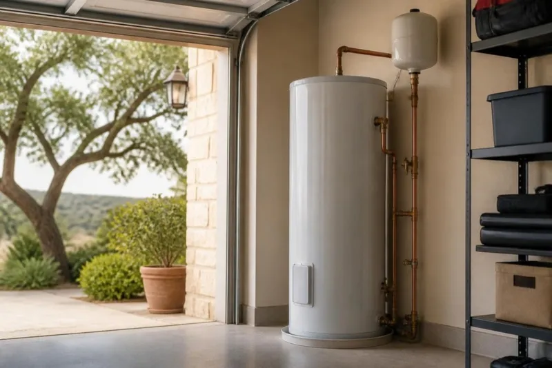 A tank water heater with an expansion tank in a tidy Hill Country garage (illustrative photo)