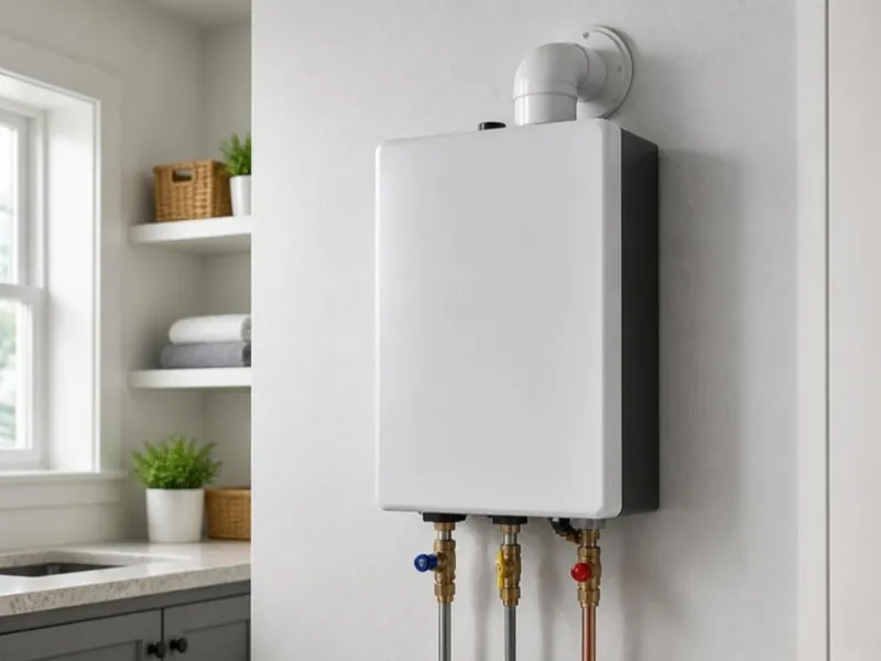 A wall-mounted tankless water heater with its shutoff valves (illustrative photo)