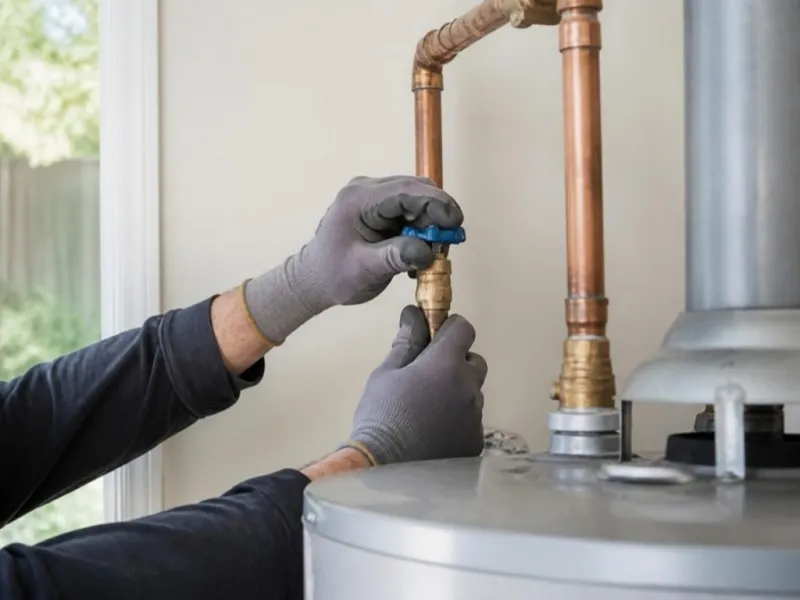 Gloved hands turning the cold-water shutoff valve above a tank water heater