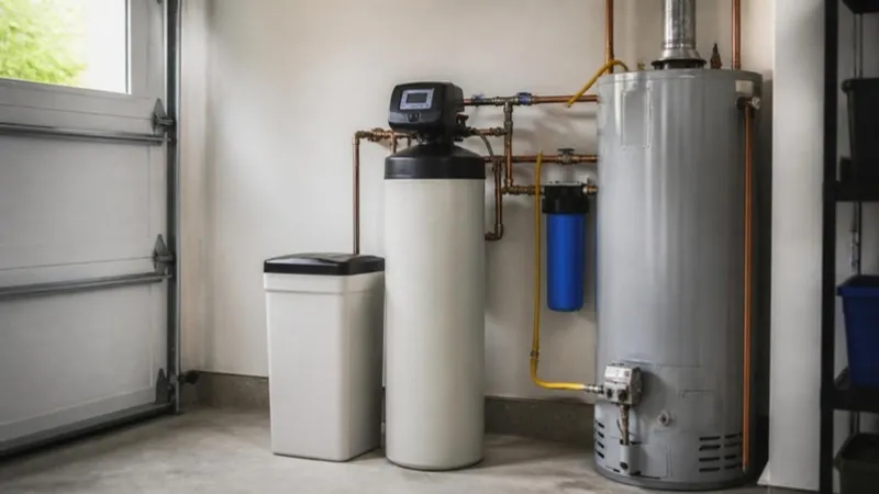 A water softener and brine tank beside a tank water heater (illustrative photo)